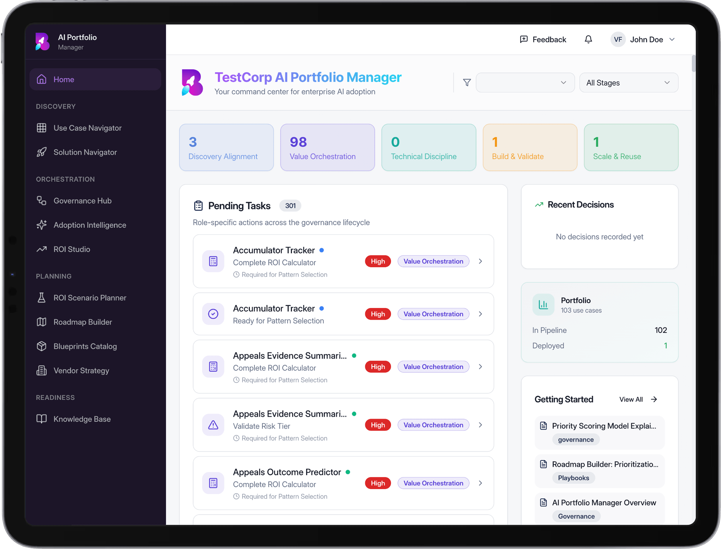 AI Portfolio Manager interface showing the governance lifecycle dashboard, pending tasks, and portfolio summary