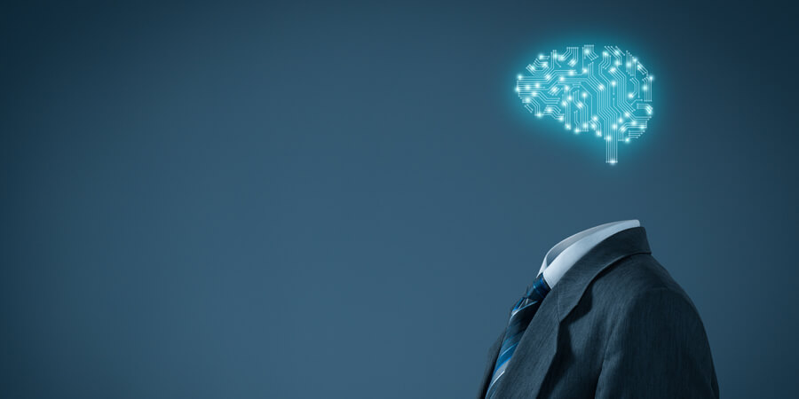 a suit with a brain shaped data bubble